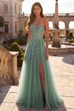 Glitter Dusty Sage Corset Floral Appliques Tulle Strapless Sequins Long Prom Dress with Slit