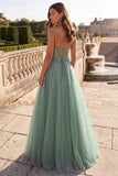 Glitter Dusty Sage Corset Floral Appliques Tulle Strapless Sequins Long Prom Dress with Slit