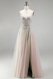 Dusty Rose Floral Appliques Rhinestone Corset Tulle A-Line Strapless Long Prom Dress with Slit