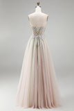 Dusty Rose Floral Appliques Rhinestone Corset Tulle A-Line Strapless Long Prom Dress with Slit