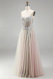 Dusty Rose Floral Appliques Rhinestone Corset Tulle A-Line Strapless Long Prom Dress with Slit