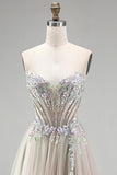 Dusty Rose Floral Appliques Rhinestone Corset Tulle A-Line Strapless Long Prom Dress with Slit