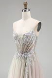 Dusty Rose Floral Appliques Rhinestone Corset Tulle A-Line Strapless Long Prom Dress with Slit