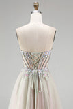 Dusty Rose Floral Appliques Rhinestone Corset Tulle A-Line Strapless Long Prom Dress with Slit