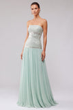 Mint Sequins Pleated Chiffon A-Line Strapless Long Prom Dress with Beading