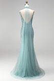 Grey Green Mermaid Sequins Beaded V-Neck Tulle Long Prom Dress with Choker