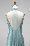 Grey Green Mermaid Sequins Beaded V-Neck Tulle Long Prom Dress with Choker