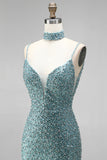 Grey Green Mermaid Sequins Beaded V-Neck Tulle Long Prom Dress with Choker