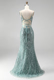 Dusty Green Sequins Pearls V-Neck Spaghetti Straps Mermaid Long Prom Dress with Slit