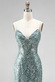 Dusty Green Sequins Pearls V-Neck Spaghetti Straps Mermaid Long Prom Dress with Slit