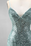 Dusty Green Sequins Pearls V-Neck Spaghetti Straps Mermaid Long Prom Dress with Slit