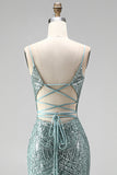Dusty Green Sequins Pearls V-Neck Spaghetti Straps Mermaid Long Prom Dress with Slit