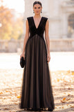 Black A-Line V-Neck Velvet Tulle Long Formal Dress
