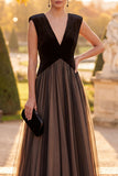 Black A-Line V-Neck Velvet Tulle Long Formal Dress