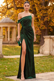 Sparkly Dark Green Mermaid One Shoulder Ruched Beaded Long Formal Dress with Slit