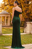 Sparkly Dark Green Mermaid One Shoulder Ruched Beaded Long Formal Dress with Slit