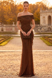 Sparkly Coffee Sheath Off the Shoulder Ruffled Ruched Maxi Formal Dress with Rhinestone
