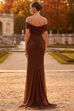 Sparkly Coffee Sheath Off the Shoulder Ruffled Ruched Maxi Formal Dress with Rhinestone