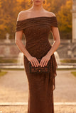 Sparkly Coffee Sheath Off the Shoulder Ruffled Ruched Maxi Formal Dress with Rhinestone