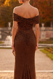 Sparkly Coffee Sheath Off the Shoulder Ruffled Ruched Maxi Formal Dress with Rhinestone
