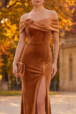 Brown Velvet Sheath Off the Shoulder Long Formal Dress with Slit