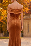 Brown Velvet Sheath Off the Shoulder Long Formal Dress with Slit