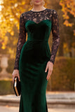 Dark Green Velvet Mermaid Illusion Neck Long Sleeves Maxi Formal Dress with Lace