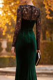 Dark Green Velvet Mermaid Illusion Neck Long Sleeves Maxi Formal Dress with Lace