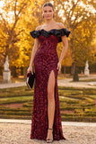 Burgundy Sheath Off the Shoulder Sequins Ruffled Long Formal Dress with Side Slit