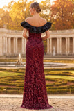 Burgundy Sheath Off the Shoulder Sequins Ruffled Long Formal Dress with Side Slit