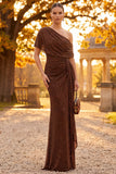 Coffee Sparkly Sheath One Shoulder Ruched Long Formal Dress