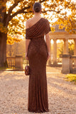 Coffee Sparkly Sheath One Shoulder Ruched Long Formal Dress