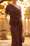 Coffee Sparkly Sheath One Shoulder Ruched Long Formal Dress