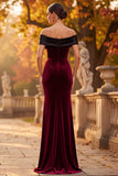 Burgundy Velvet Sheath Off the Shoulder Maxi Formal Dress with Slit