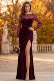Burgundy Sheath Velvet Illusion Neck Ruched Long Formal Dress with Side Slit