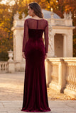 Burgundy Sheath Velvet Illusion Neck Ruched Long Formal Dress with Side Slit