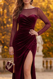 Burgundy Sheath Velvet Illusion Neck Ruched Long Formal Dress with Side Slit