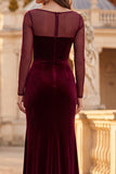 Burgundy Sheath Velvet Illusion Neck Ruched Long Formal Dress with Side Slit