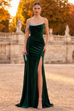 Dark Green Sheath Velvet One Shoulder Ruched Maxi Formal Dress with Rhinestones