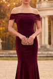 Burgundy Velvet Mermaid Off the Shoulder Maxi Formal Dress