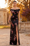 Black Velvet Off the Shoulder Ruched Maxi Formal Dress with Side Slit