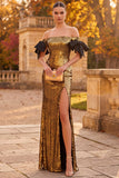 Golden Sheath Off the Shoulder Sequins Maxi Formal Dress with Bow