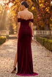 Burgundy Velvet Mermaid Corset Off the Shoulder Lace Ruched Maxi Formal Dress with Slit