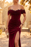 Burgundy Velvet Mermaid Corset Off the Shoulder Lace Ruched Maxi Formal Dress with Slit