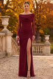 Burgundy Sheath Cowl Neck Long Sleeves Beaded Formal Dress with Side Slit
