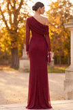 Burgundy Sheath One Shoulder Ruched Beaded Long Formal Dress with Side Slit