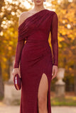 Burgundy Sheath One Shoulder Ruched Beaded Long Formal Dress with Side Slit