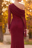 Burgundy Sheath One Shoulder Ruched Beaded Long Formal Dress with Side Slit