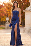 Dark Blue Sheath Strapless Ruched Sequins Maxi Formal Dress with Side Slit
