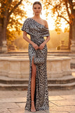 Silver Leopard Printed Sheath One Shoulder Ruched Long Formal Dress with Slit